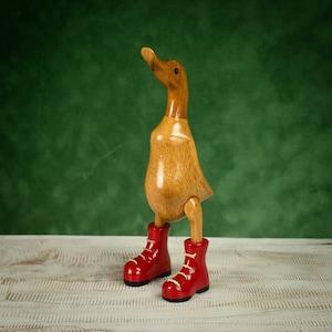 Hand Carved, Hand Painted Wooden Sculpture of a Duck in Shiny Red Boots