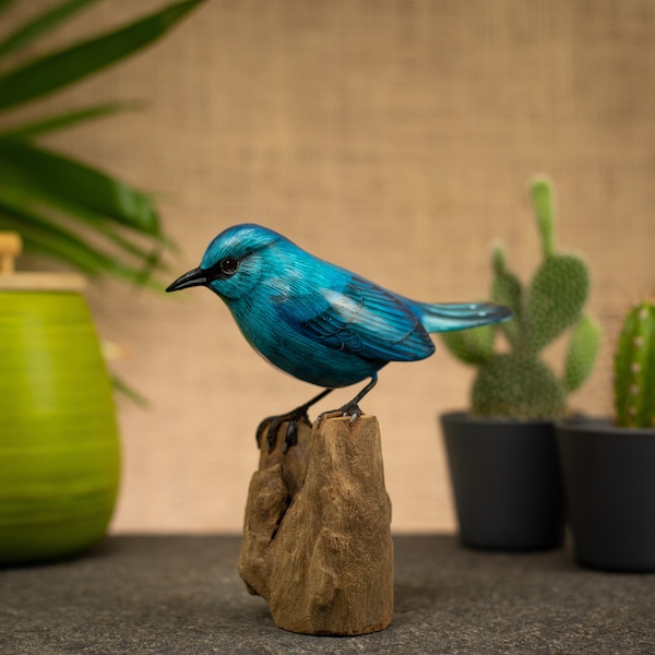 Hand Carved, Hand Painted Wooden Bird Sculpture of a Verditer Flycatcher