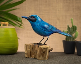 Hand Carved, Hand Painted Wooden Bird Sculpture of a Blue Mockingbird