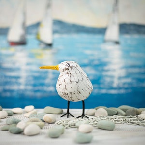 Hand Carved, Hand Painted Wooden Bird Sculpture of a Seagull (Small)