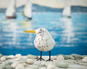 Hand Carved, Hand Painted Wooden Bird Sculpture of a Seagull (Small)