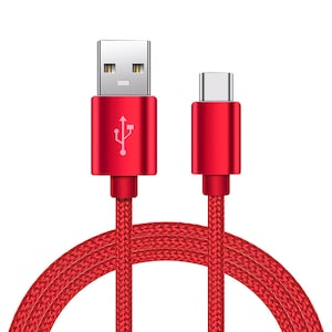May include: A red USB to USB-C charging cable. The USB connector is silver, and the USB-C connector is red. The cable has a braided red cord. The USB connector has the USB symbol.
