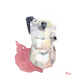 Könnte beinhalten: Ein Aquarellbild einer silbernen und schwarzen Espressomaschine für den Herd. Die Maschine steht auf einer weißen Oberfläche mit einem roten Schatten darunter.