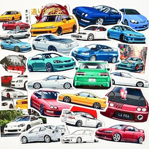 Peut inclure: Un collage d'illustrations colorées de voitures Honda Civic Type R dans différentes couleurs et angles. Le texte "通り の 峠" est visible dans le coin supérieur gauche de l'image.