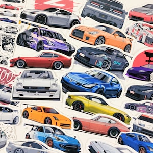 May include: A collection of colorful car stickers featuring various makes and models, including a red, white, and blue car with the text "300Z", a blue car with the text "Stw", and a black car with the text "88".