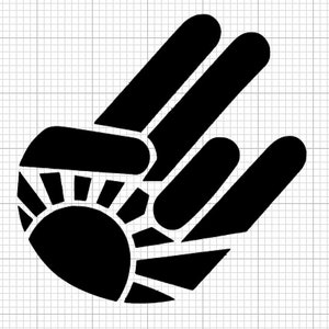 May include: Black and white silhouette of a hand with a stylized sun rising from the palm. The sun has a circular shape with rays extending outward.