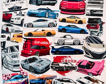 May include: A collection of colorful stickers featuring various Honda NSX sports cars. The stickers are in different styles and designs, including a red and white NSX with the text "NSX" in a red circle, a blue NSX with the text "日本の伝説" in Japanese, and a pink NSX with the text "Fast and Furious".