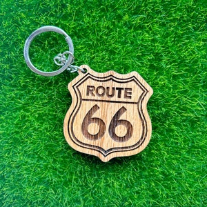 Route Sign Keychain Classic American Road Route 66 Oak Wood Keychain Bag Pendant Laser ...