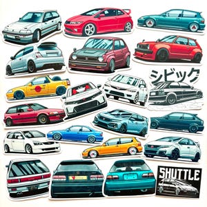 Könnte beinhalten: Eine Sammlung von Autoaufklebern mit verschiedenen Modellen in verschiedenen Farben. Die Aufkleber zeigen eine Reihe von Fahrzeugen, darunter Schrägheck-, Limousinen- und Coupé-Modelle, in leuchtenden Farben wie Rot, Blau und Grün. Die Designs sind stilisiert, mit Fokus auf Automobilästhetik.