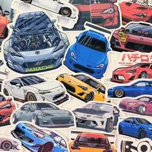 May include: A collage of colourful illustrations of various sports cars. The cars are in different styles and colours, including red, blue, yellow, and black. The image includes the text "Panache" and "Machi-Roku".