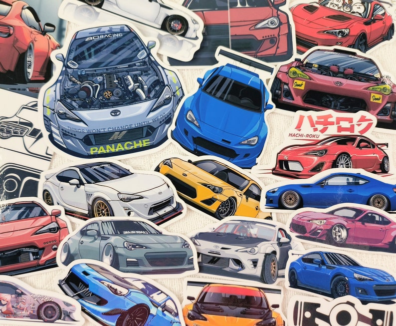 May include: A collage of colourful illustrations of various sports cars. The cars are in different styles and colours, including red, blue, yellow, and black. The image includes the text "Panache" and "Machi-Roku".
