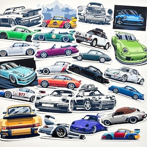 May include: A collection of colorful car stickers featuring various makes and models of Porsche cars. The stickers are printed on high-quality vinyl and are waterproof and fade-resistant.