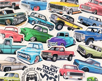 May include: A collection of colorful cartoon truck stickers. The stickers feature various makes and models of trucks, including a red, white, and blue pickup truck, a green truck with flames, and a purple truck with a lightning bolt design. The stickers are perfect for adding a touch of personality to laptops, water bottles, or car bumpers.