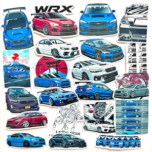 May include: A collection of 20 stickers featuring various illustrations of Subaru WRX cars in different colors and styles. The stickers are printed on white paper and have a glossy finish.