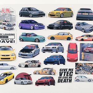 May include: A collection of colorful stickers featuring Honda Civic cars in various styles and designs. The stickers include text like "VTEC Loading", "Get Ready to Wave!" and "Give Me VTEC or Give Me Death".