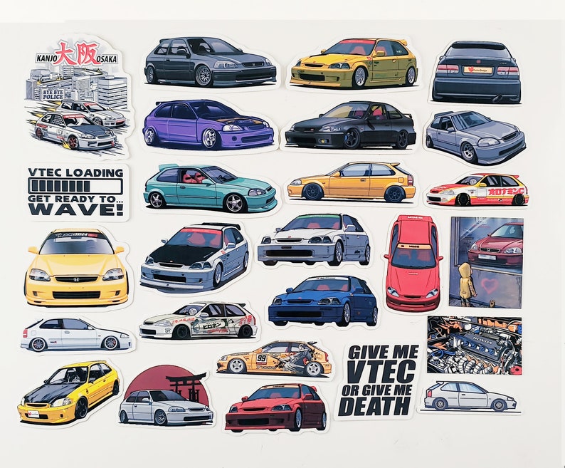 May include: A collection of colorful stickers featuring Honda Civic cars in various styles and designs. The stickers include text like "VTEC Loading", "Get Ready to Wave!" and "Give Me VTEC or Give Me Death".