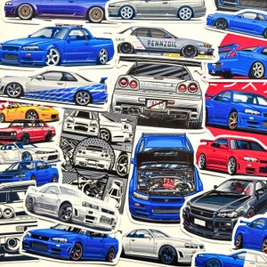 May include: A collection of colorful car stickers featuring various makes and models of Nissan Skyline GT-R cars. The stickers are printed on high-quality vinyl and are perfect for decorating laptops, water bottles, and other surfaces.