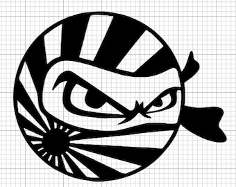 May include: Black and white illustration of a ninja with a fierce expression, wearing a bandana and standing in front of a rising sun graphic.