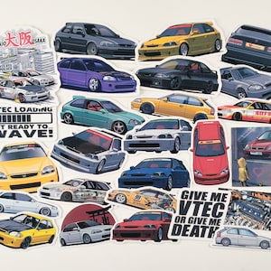 May include: A collection of colorful car stickers featuring Honda Civics, with various designs and slogans, including "VTEC Loading Get Ready to Wave!" and "Give Me VTEC or Give Me Death!"