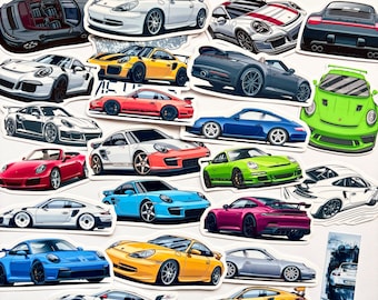 May include: A collection of colorful car stickers featuring various makes and models of sports cars. The stickers are printed on a white background and feature a variety of colors, including red, blue, green, yellow, and black.