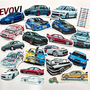 May include: A collection of 17 colorful car stickers featuring different makes and models of Mitsubishi Lancer Evolution cars. The stickers are printed on a white background and feature various designs, including racing stripes, logos, and detailed car illustrations.