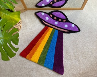Tapis capitonné OVNI arc-en-ciel / Doux et moelleux, tapis capitonné personnalisé, cadeau de pendaison de crémaillère