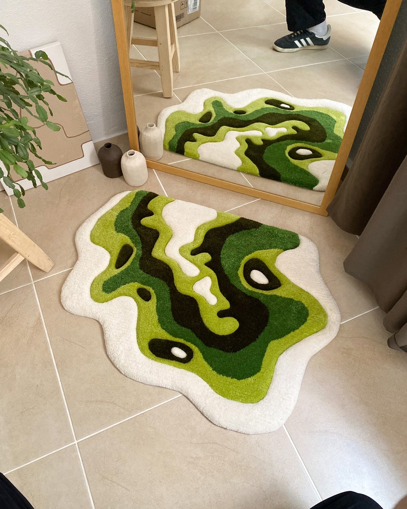 Alfombra con mechones de musgo verde / alfombra personalizada, esponjosa y suave, alfombra hecha a mano, regalos de bienvenida, regalo hecho a mano imagen 8