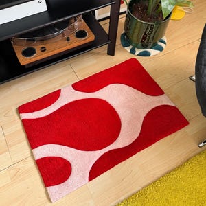 Powder Pink & Red Wavy Tufted Rug, Handmade Tufted Rug, Housewarming ...