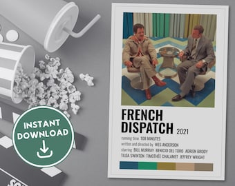 May include: A minimalist movie poster for the film "French Dispatch" with a black and white photo of two men in a room with green and blue patterned carpet. The poster includes the title "French Dispatch", the year "2021", the running time "108 Minutes", the director "Wes Anderson", and the actors "Bill Murray", "Benicio Del Toro", "Adrien Brody", "Tilda Swinton", "Timothée Chalamet", and "Jeffrey Wright".