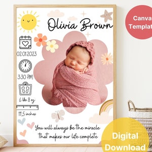 Editable Baby Girl Birth Stats Template | Canva Pro Digital Keepsake | Newborn Announcement Poster | Personalized Baby Stats Design