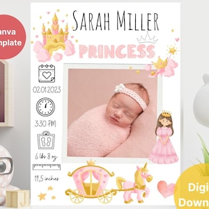 Princess Baby Girl Birth Stats Template | Editable Canva Design | Digital Poster | Newborn Announcement