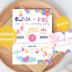 Invitación de cumpleaños editable de fiesta en la piscina de unicornio, invitación de cumpleaños de Canva, invitación de fiesta en la piscina, invitación de unicornio, tarjeta de agradecimiento BONIFICACIÓN