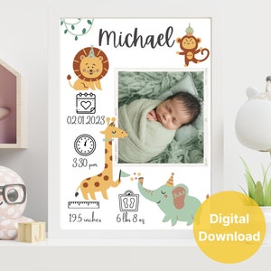 Canva Jungle Custom Template Birth Announcement Printable Nursery, Personalized Birth Stats Photo Sign, Maternity Gift With Birth Details