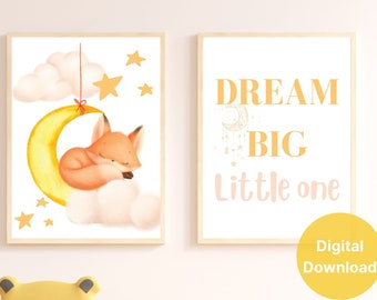Dream Big Little One Nursery Print Digital Download, Moon and Stars Nursery Design, Celestial Nursery Design, Little Fox Nursery Design