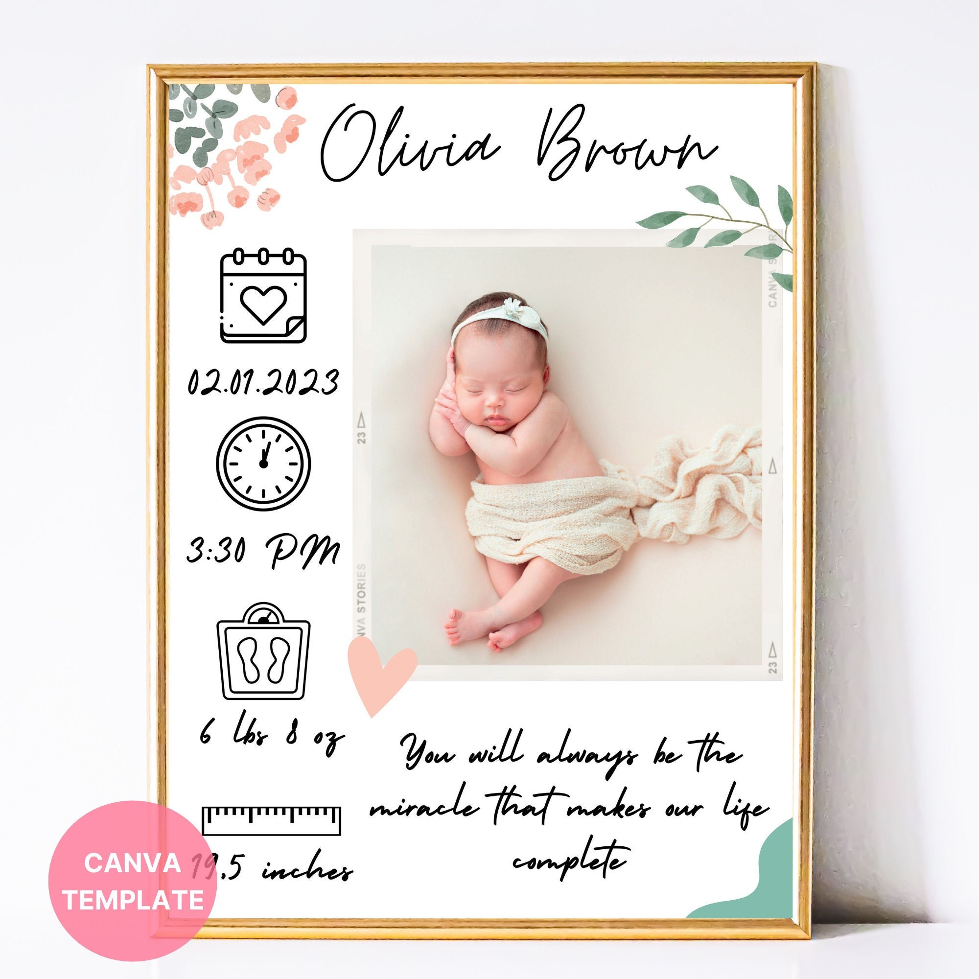 Custom Birth Announcement Template, Nursery Decor, Photo Sign (canva) - Etsy, image size:2000x2000