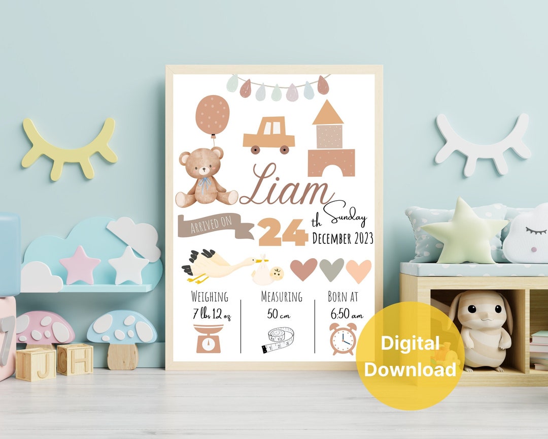 Custom BOHO Birth Announcement Printable Nursery, Personalized Birth ...