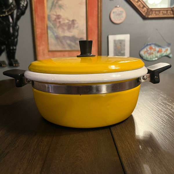 Enamel Vintage Pot Yellow Enamelware Gold Orange Retro Mid Century w/ Lid