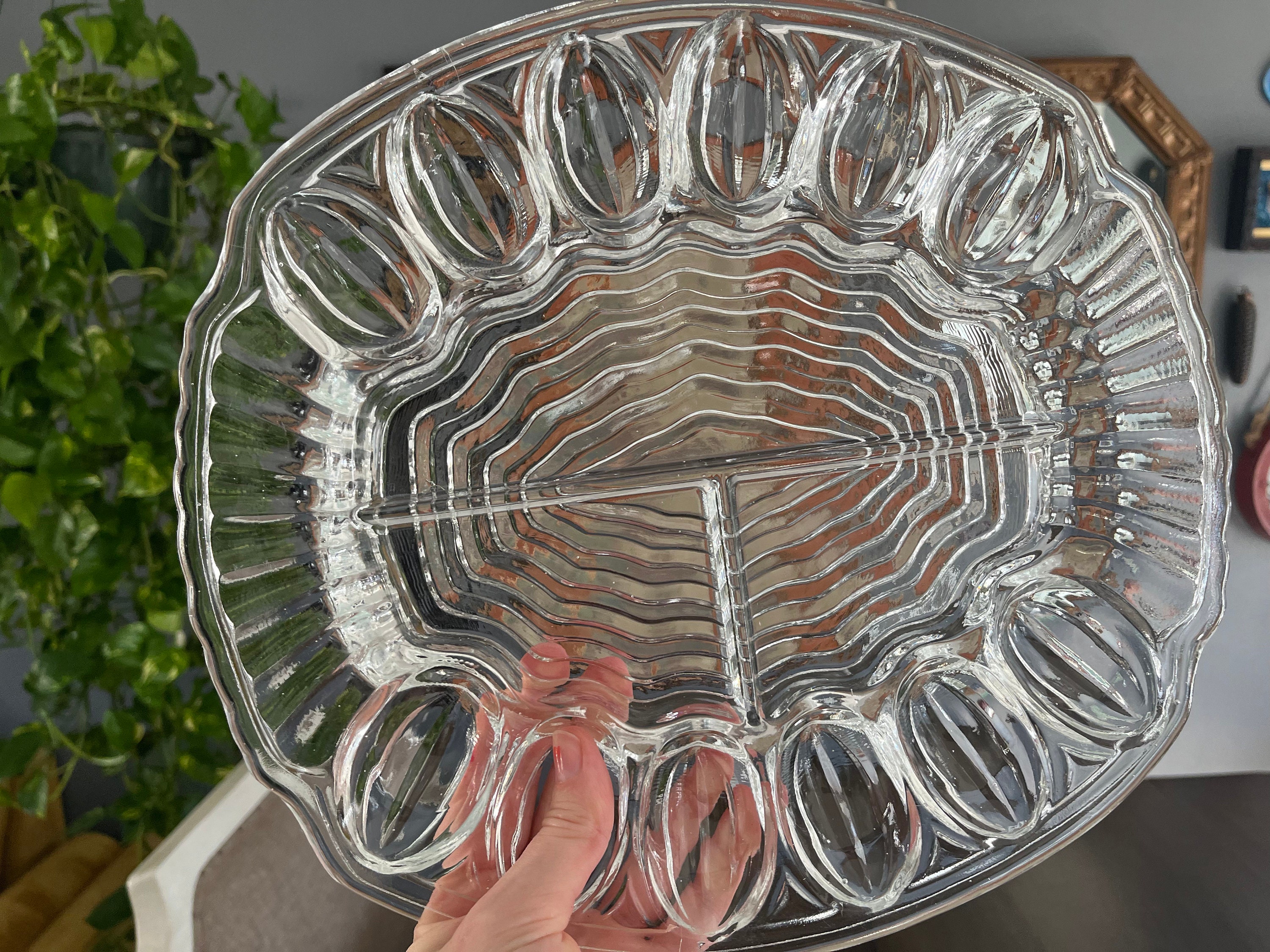 Deviled Egg Plate Clear Oval Vintage or Water Color Paint