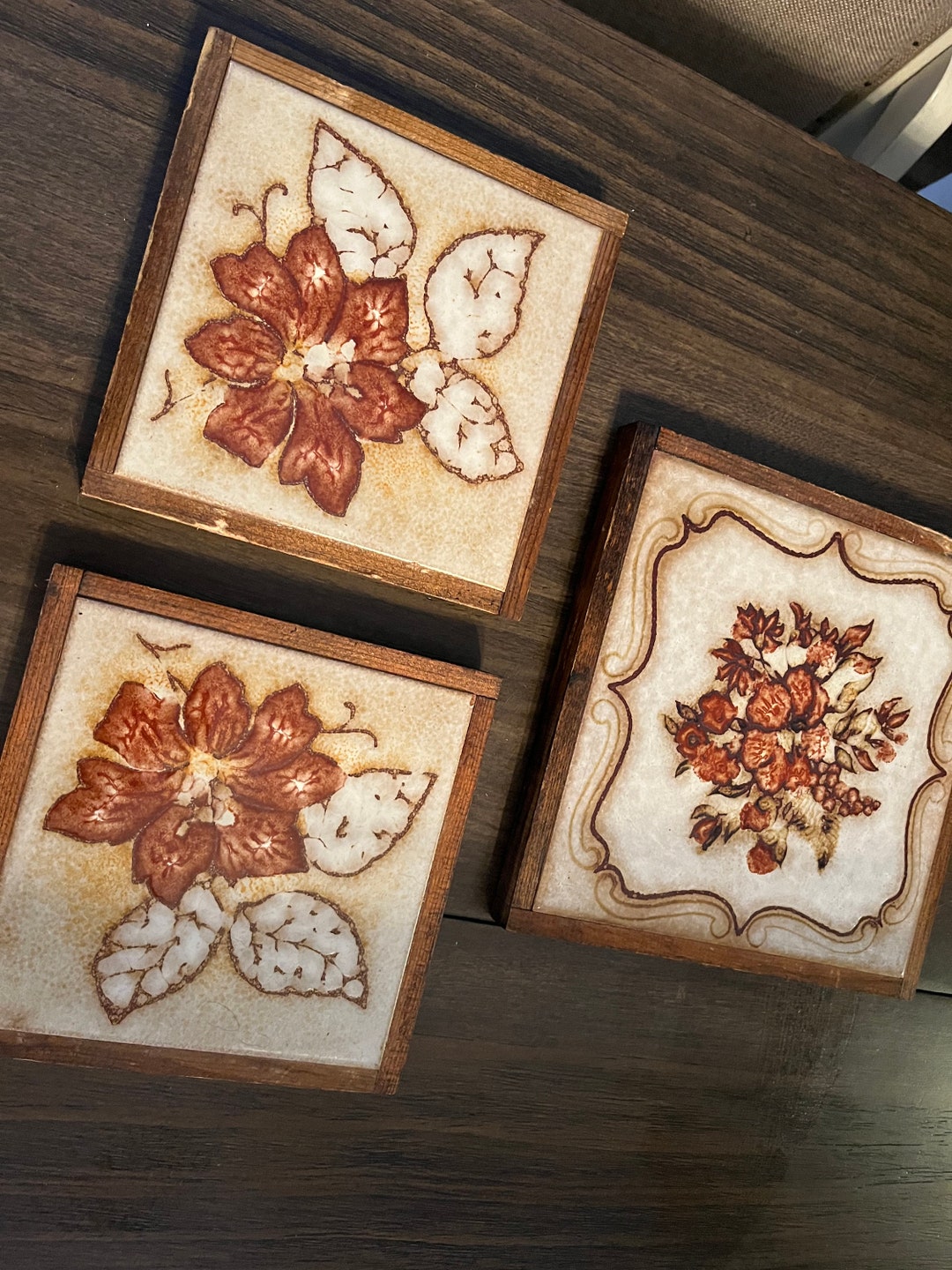 3 Piece Vintage Ceramica Wood Framed Floral Tile Made in Italy - Italy ...