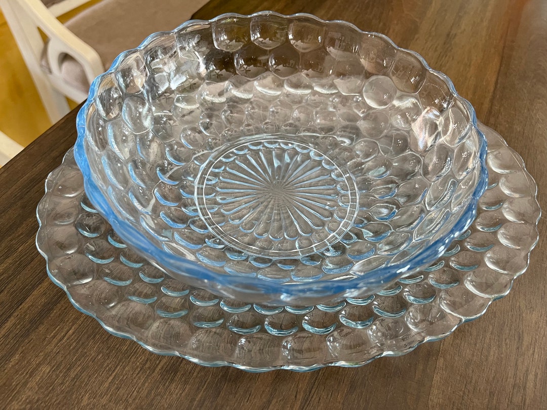 Sapphire Blue Bubble Glass Platter and Large Bowl, Lovely Light Blue