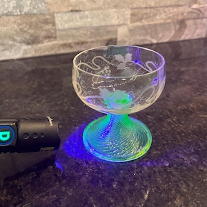 Small uranium glass cup, green glow on green glass, 395 uv light, uranium glass, uv light