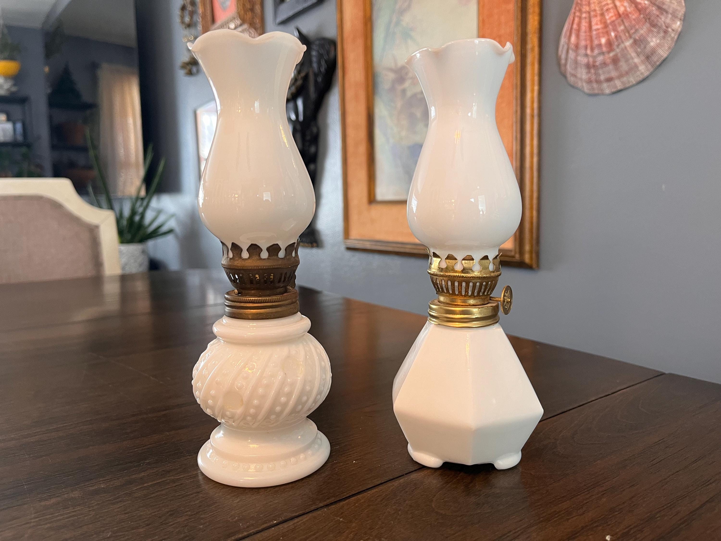 Set 2 Vintage Milk Glass Oil Lamps, UV Reactive Manganese, 1960s 