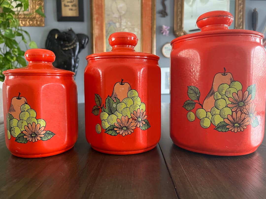 Set 3 Vintage 70s Kromex Metal Canisters ORANGE Flowers Plastic Lids Etsy