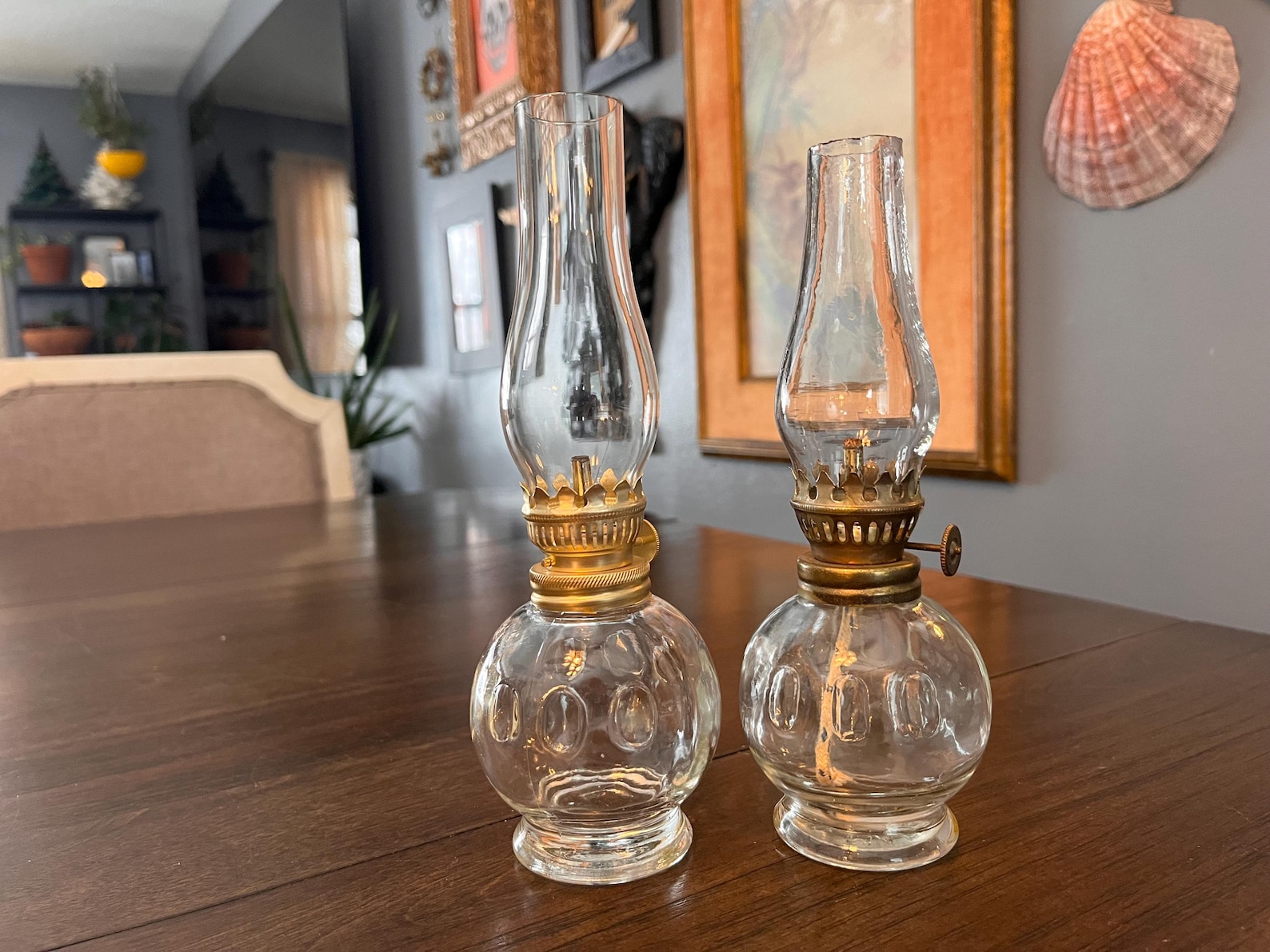 Set of 2 Vintage Thumbprint Glass Oil Lamps