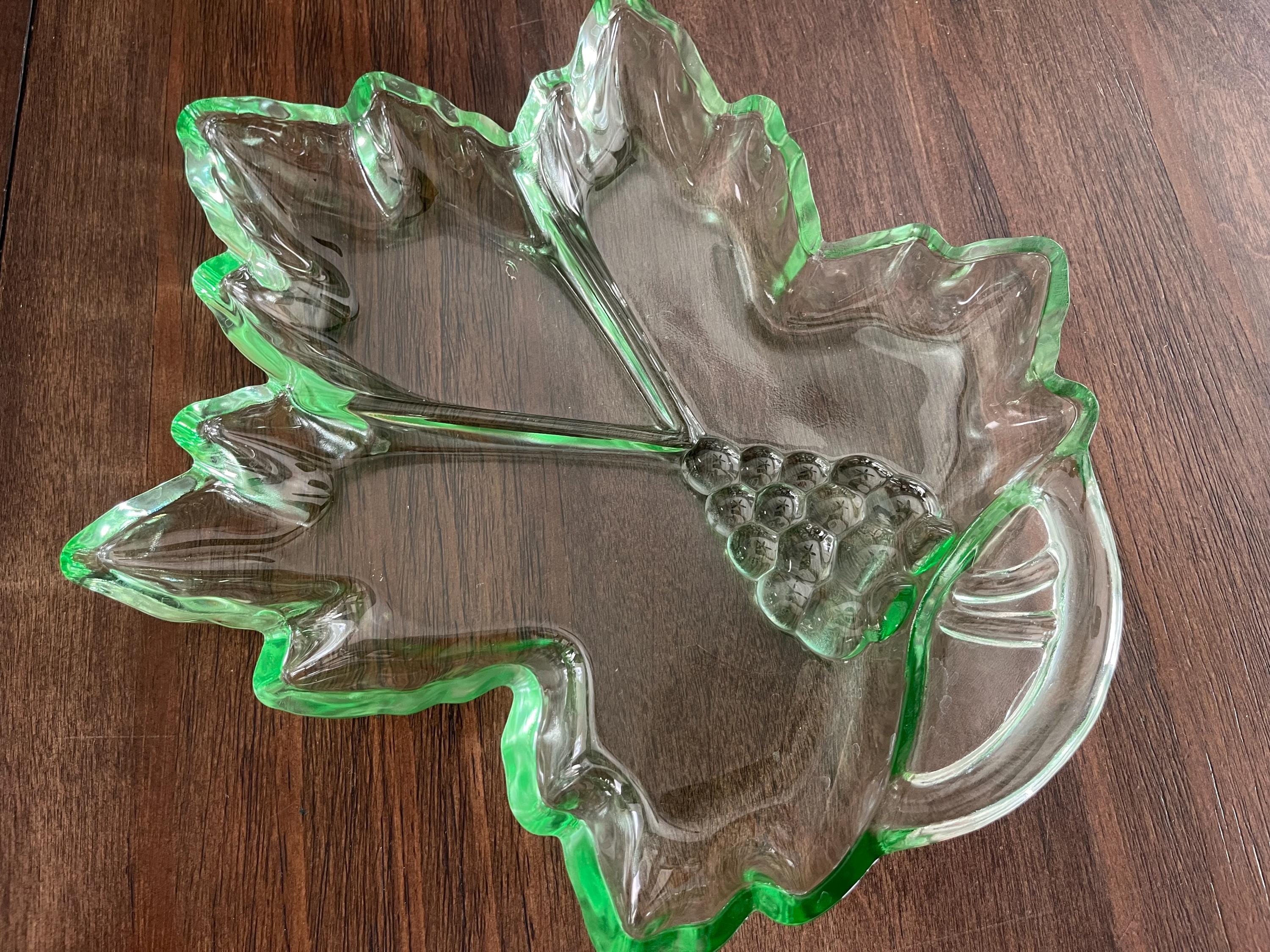 Vintage Tiara Exclusives Green Glass Grape Leaf Relish Tray - Etsy