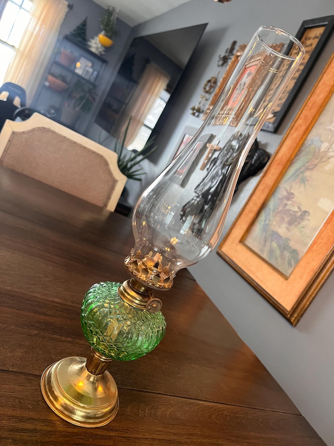 Small Vintage Mid-century Emerald Hobnail Glass Hurricane Lamp