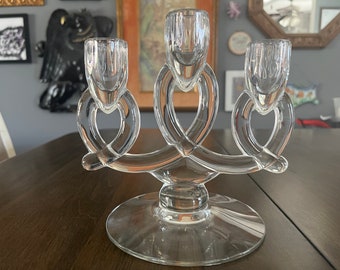 Uv Reactive, Manganese Glass Glow, Vintage 3 Candle Glass Triple Loop Candelabra