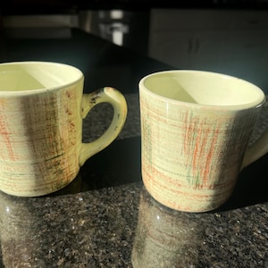 Vintage 1950s Vernonware Raffia Mug Pair - Authentic California Pottery Mid-Century Coffee Cups