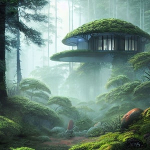 Sofortiger Download 2 AI Generierte Bilder: Haus im Wald auf einer fremden Planetenkolonie unter Angriff Roter Hintergrund, Ai Kunst, Wanddekoration, Wohnkultur