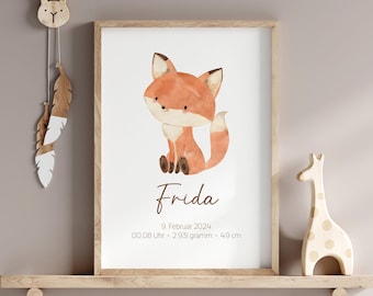 Op de afbeelding: Een aquarelillustratie van een vos met een bruin en oranje lichaam, zittend op een witte achtergrond. De tekst "Frida" staat onder de vos, gevolgd door de datum "9. Februar 2024", de tijd "00:08 Uhr", het gewicht "2.931 Gramm" en de lengte "49 cm".